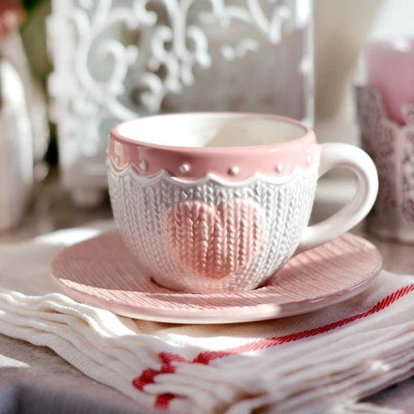 250ml Ceramic Tea Cup And Saucer Set Kawaii Bowknot Coffee Cup Dish Pink Wool Knitting g Microwave SafeC241209