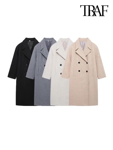 TRAFWomens Double Breasted Loose Woolen Coat Lapel Collar Long Sleeve Female Outerwear Chic Overcoat Fashion 241210