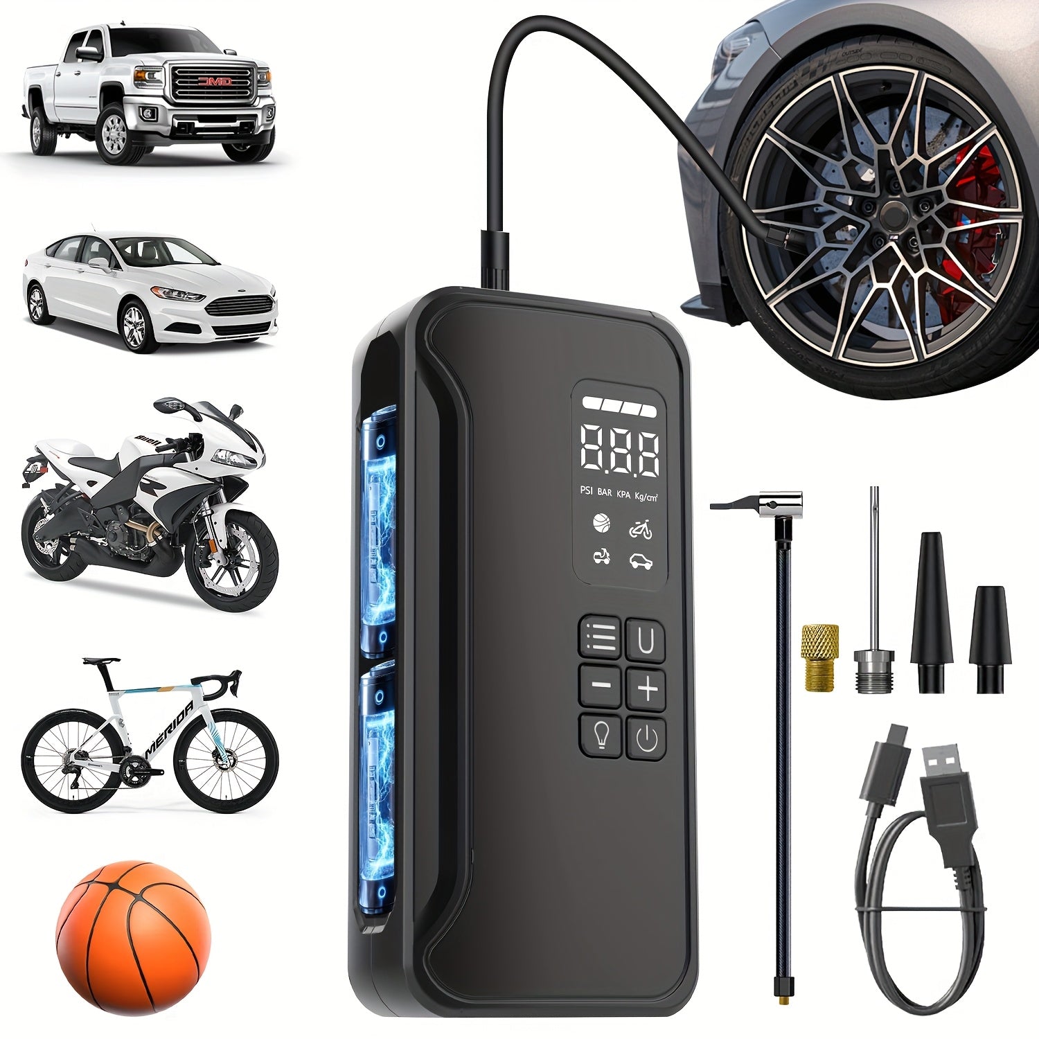 TEMU Tire Inflator Portable Air Compressor - 150psl Air Compressor With Tire Pressuregauge, Led Light, High-capacity And 3x Faster Portable Air Pump