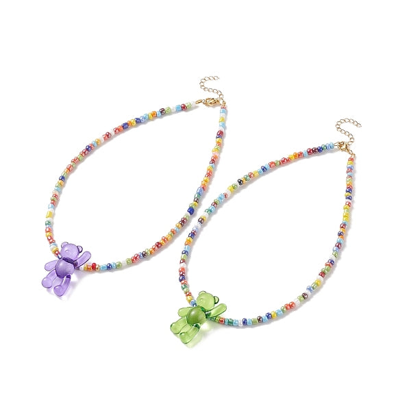 Collier de perles d'ours en acrylique et de graines de verre pour femme