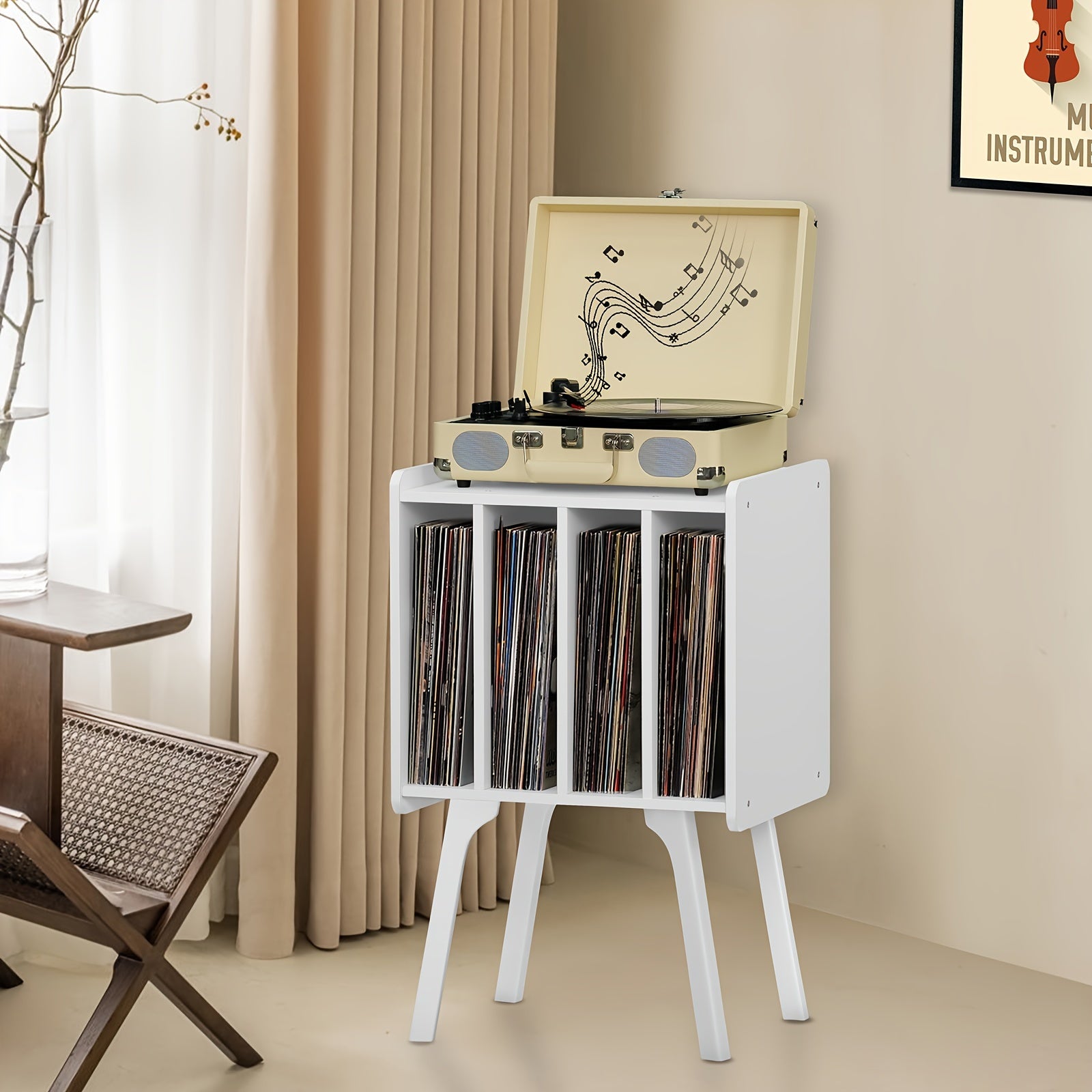 TEMU Lab Stand, Record Player Stand, Black Vinyl Storage Table With 4 Cabinets For Up To 100 Albums, Mid-century Phono Stand With Wooden Legs, Vinyl