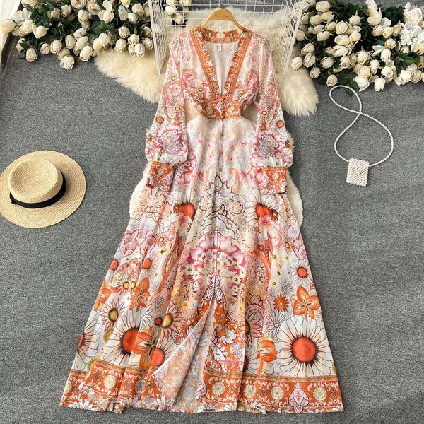 Spring and Autumn Seasonal Fake French V-neck Long Sleeved Printed Womens Waist Wrapped A-line Large Swing Dress Short Bifurcated Oversize D