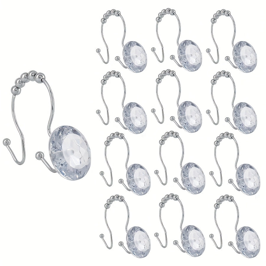 TEMU 12pcs Shower Curtain Hooks With Acrylic Decor, And Sliding Roller Ball - , Waterproof Metal Double Hooks For Bathroom