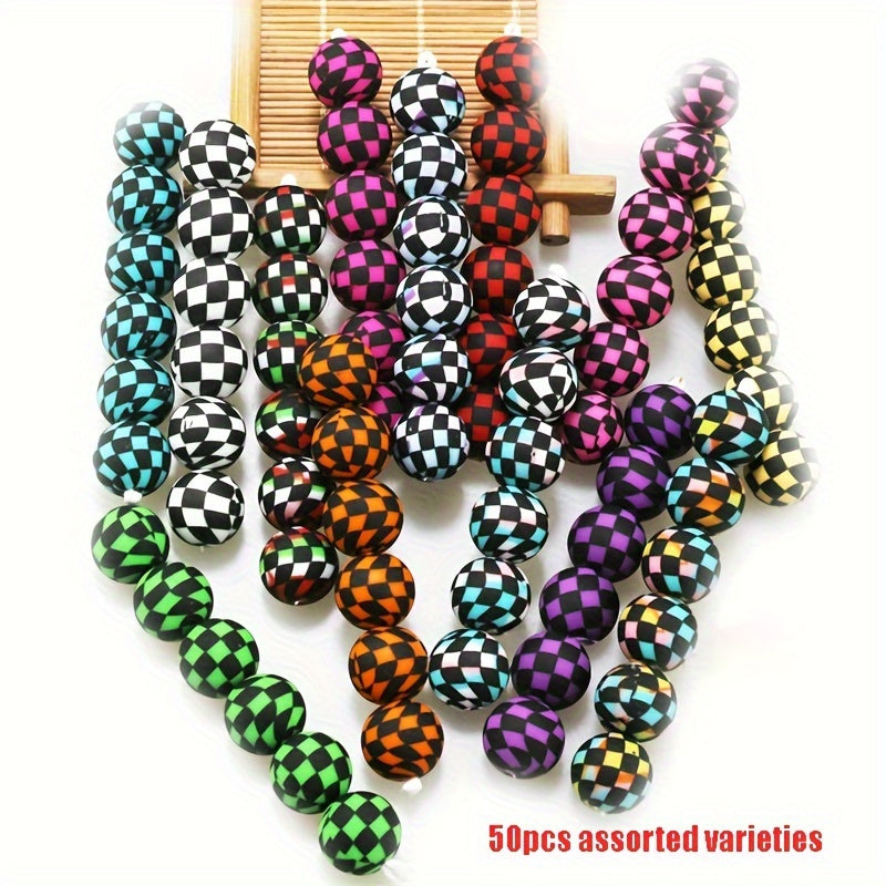 TEMU 50pcs Mixed Color Grid Pattern Round Silicone Beads, 15mm Loose Graffiti Silicone Beads For Making Keychain Creative Pens Decoration Beads
