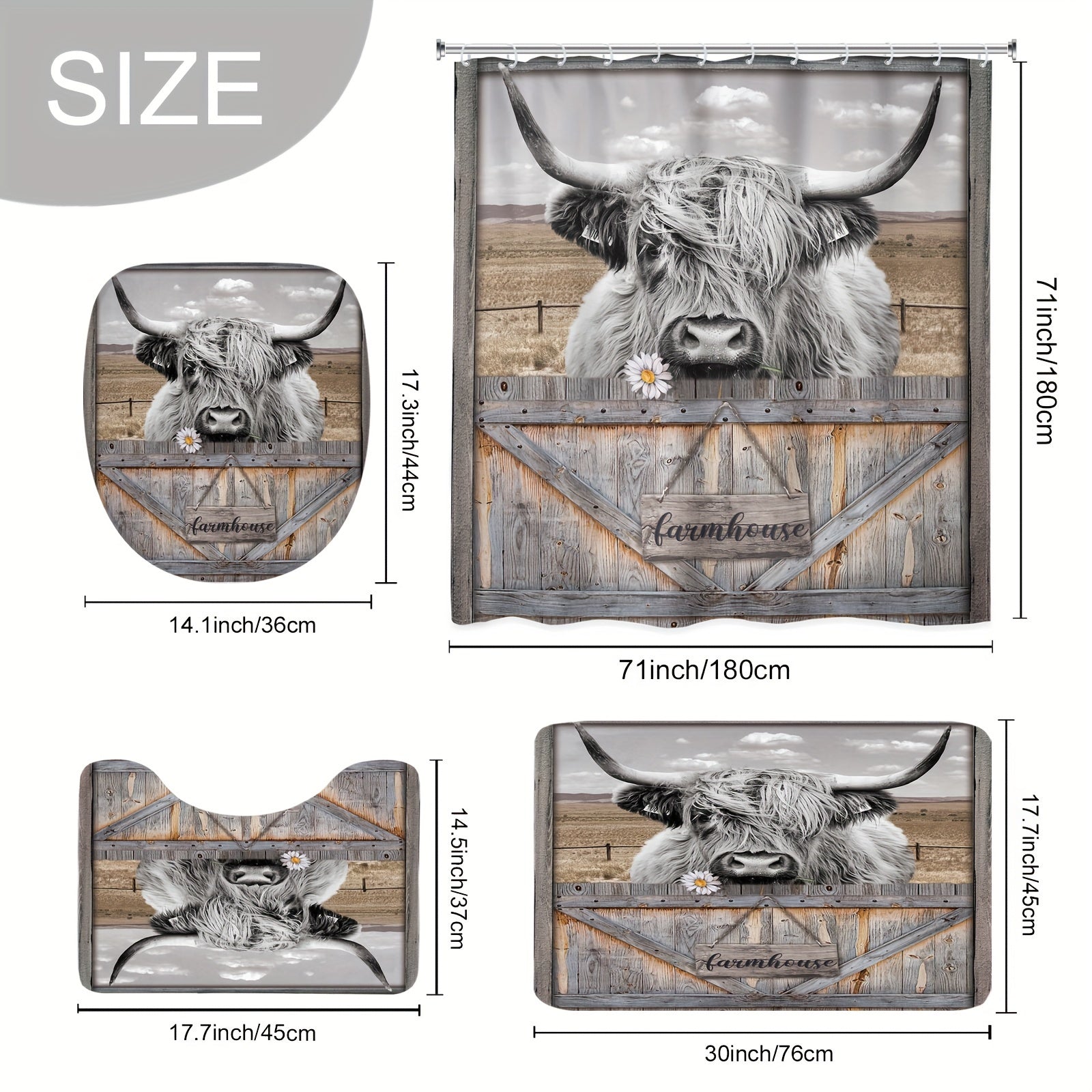 TEMU 1pc-4pcs - Shower Curtain Set, Including Waterproof Shower Curtain With 12 Plastic Hooks, Bathroom Anti-slip Floor Mat, Toilet U-shaped Mat,