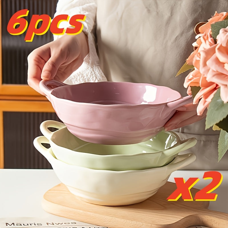 TEMU Taufikt 6pcs Large Capacity Ceramic Bowls With Binaural Handles - Durable And Versatile Soup And Salad Bowls, Noodle Bowls, Fruit Fishing Bowls