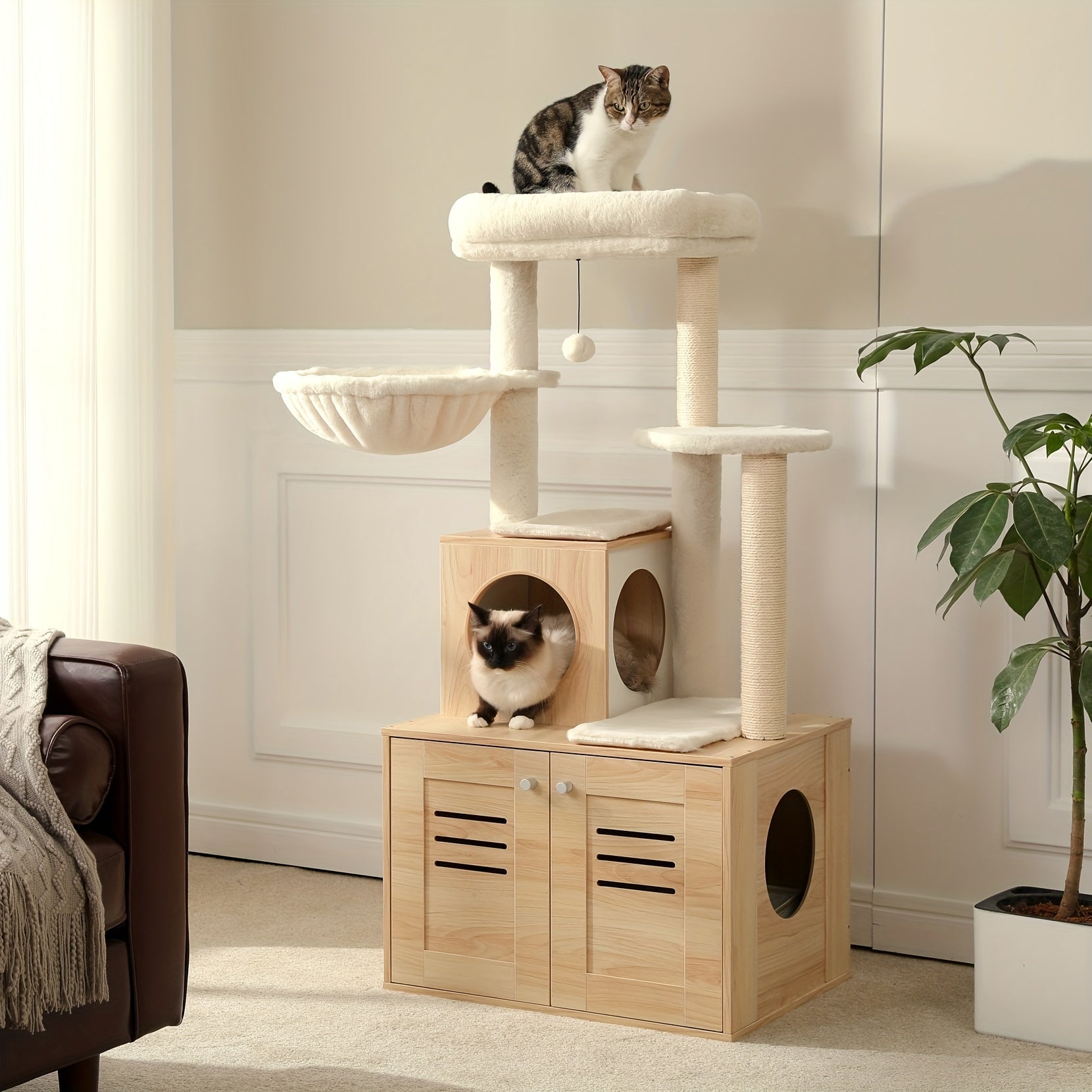 TEMU 50" Modern Wooden Cat Tree Tower With Litter Box, Condo, & Perch - Rustic Brown - Multi-level Design For Large Cats - Cozy & Spacious Indoor Cat