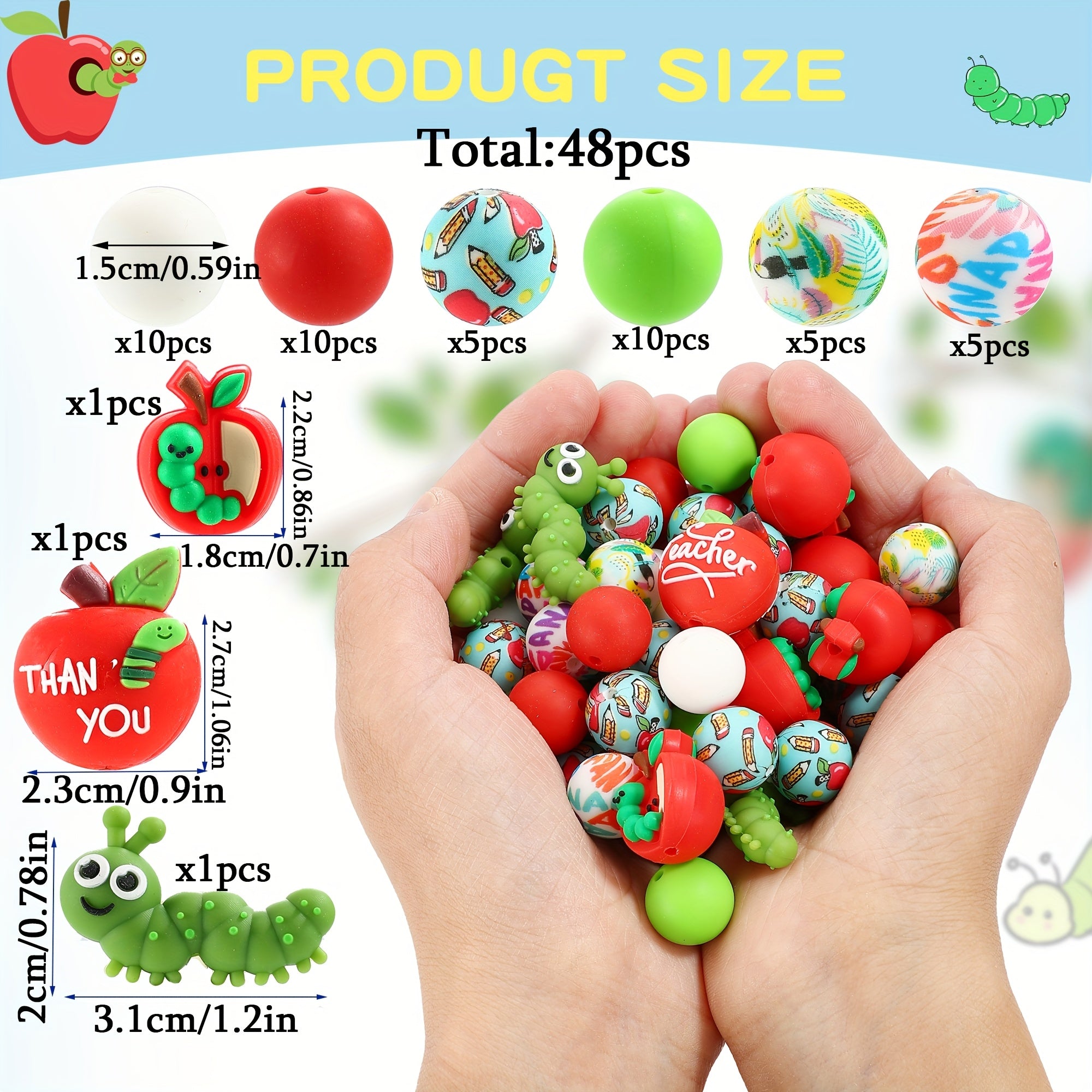 TEMU 48pcs Teacher And Spring-themed Silicone Bead Set - Focusing Beads For Keychain, Pen, Bracelet And Necklace Making, Character Modeling Is A