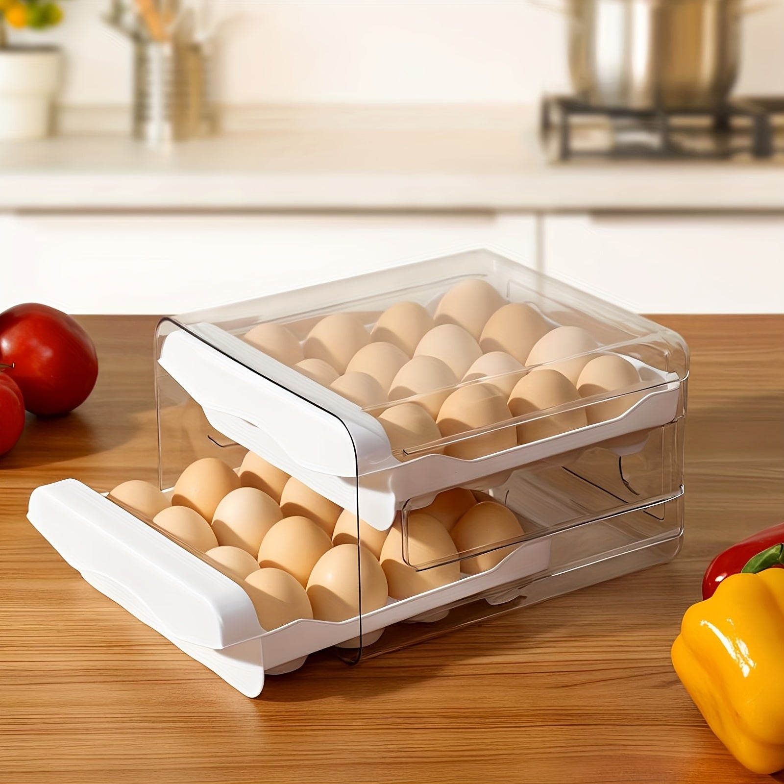 TEMU Double Drawer, 32-egg Capacity, Stackable Egg Storage Container Holder For Refrigerator. Smooth Slide-out Drawers. Bpa-free., Kitchen