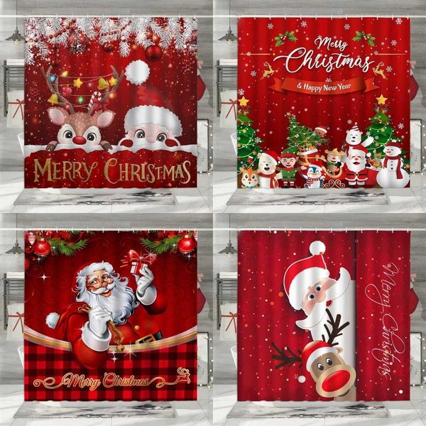 Christmas Shower Curtain Winter Holiday Farm Snowman Santa Claus Christmas Tree Farmhouse Christmas Balls Bathroom Decorations M240824