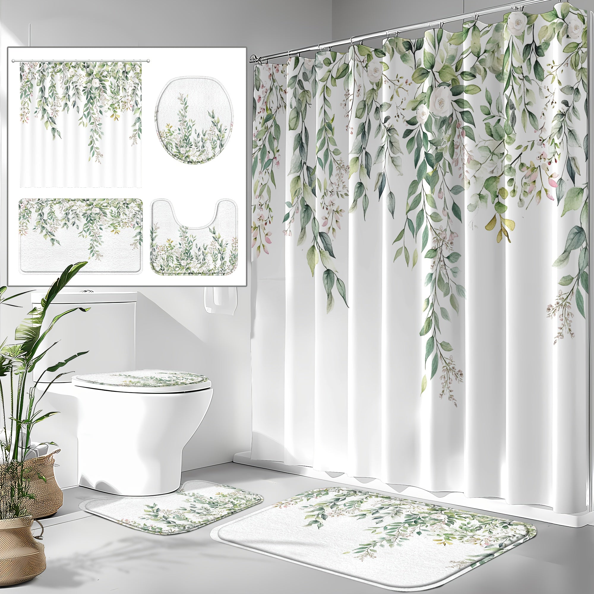 TEMU 4pcs Sage Green Eucalyptus Shower Curtain Set, Watercolor Floral Plant Leaves, Waterproof Bathroom Accessories With 12 Hooks, Non-slip Rugs,