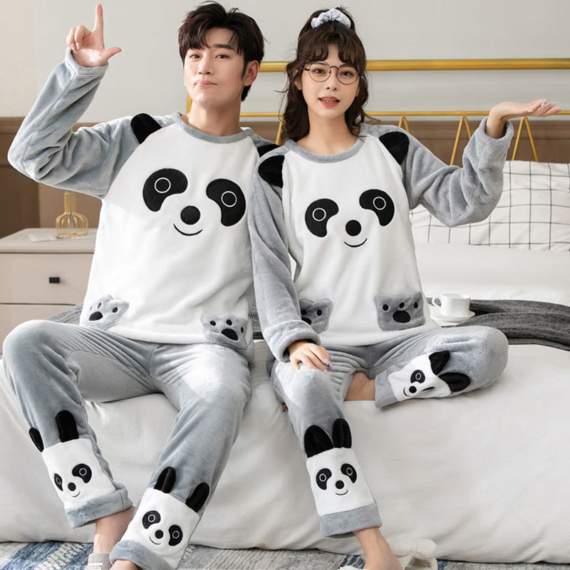 Couple Pajamas Set Winter Flannel Pyjamas Women Home Wear Nightwear 2Pcs Men&#039;s Sleepwear Cartoon Panda Pijama Warm Clothes Suit
