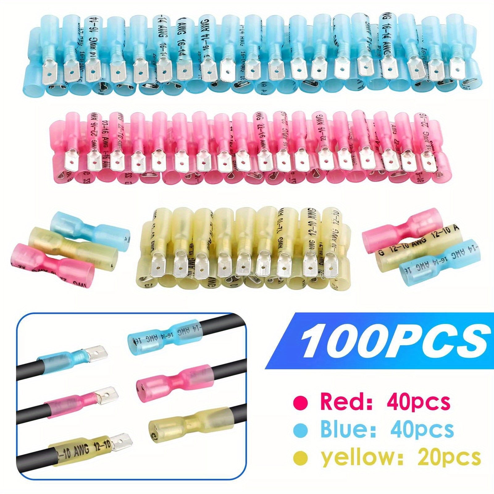 TEMU 100pcs Spade Wire Connectors, Automotive Marine Electrical Terminals Kit, Multipurpose Insulated Crimp Ring Fork Spade Butt Splices, Male And