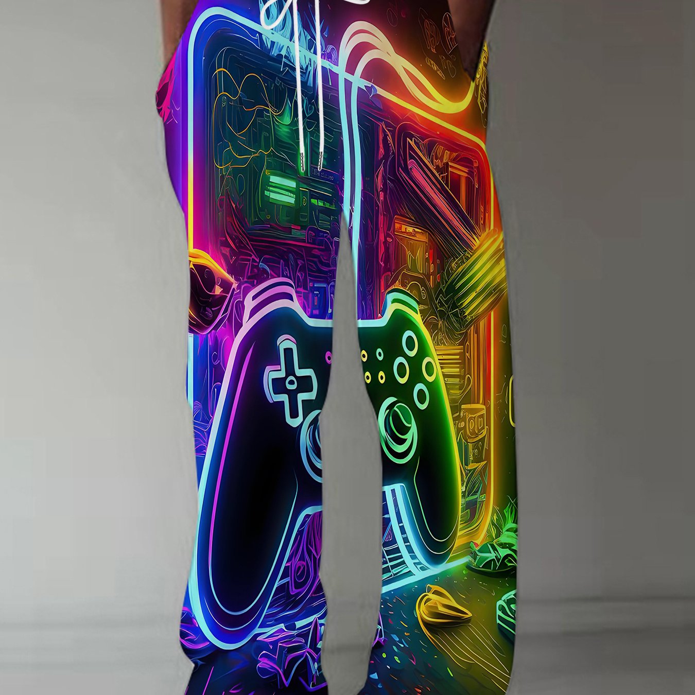 TEMU Men's Vibrant Retro Gaming Print Pants - Casual Loose Fit, Straight Leg, Slight Stretch, Design, Fall-winter Leisure Activities, Trendy Pants |