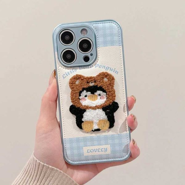 Hot Sale Cute blue grid plush bear penguin phone case suitable for iPhone 13 14 15 16 Pro Max soft leather drum back cover T241209