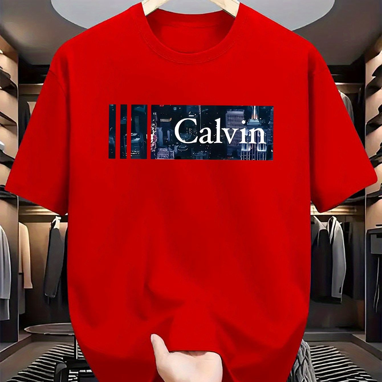 TEMU Men's 180g Pure Cotton Short Sleeve T-shirt - Soft Breathable Fabric With '' Graphic Print, Vibrant Red Round Neck Casual Tee, Machine Washable