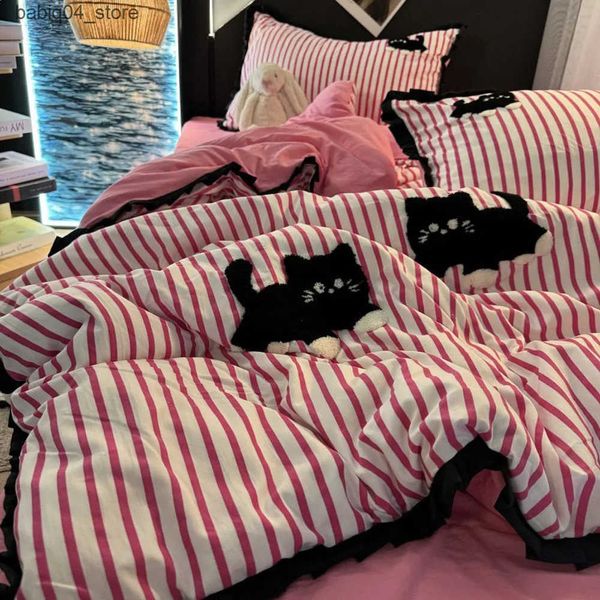 Bedding sets Pink Striped Cat Embroidery Bedding Set Korean Style Washing Cotton Cute Cardboard Duvet Cover Bed Sheet cases 3-4pcs L240910