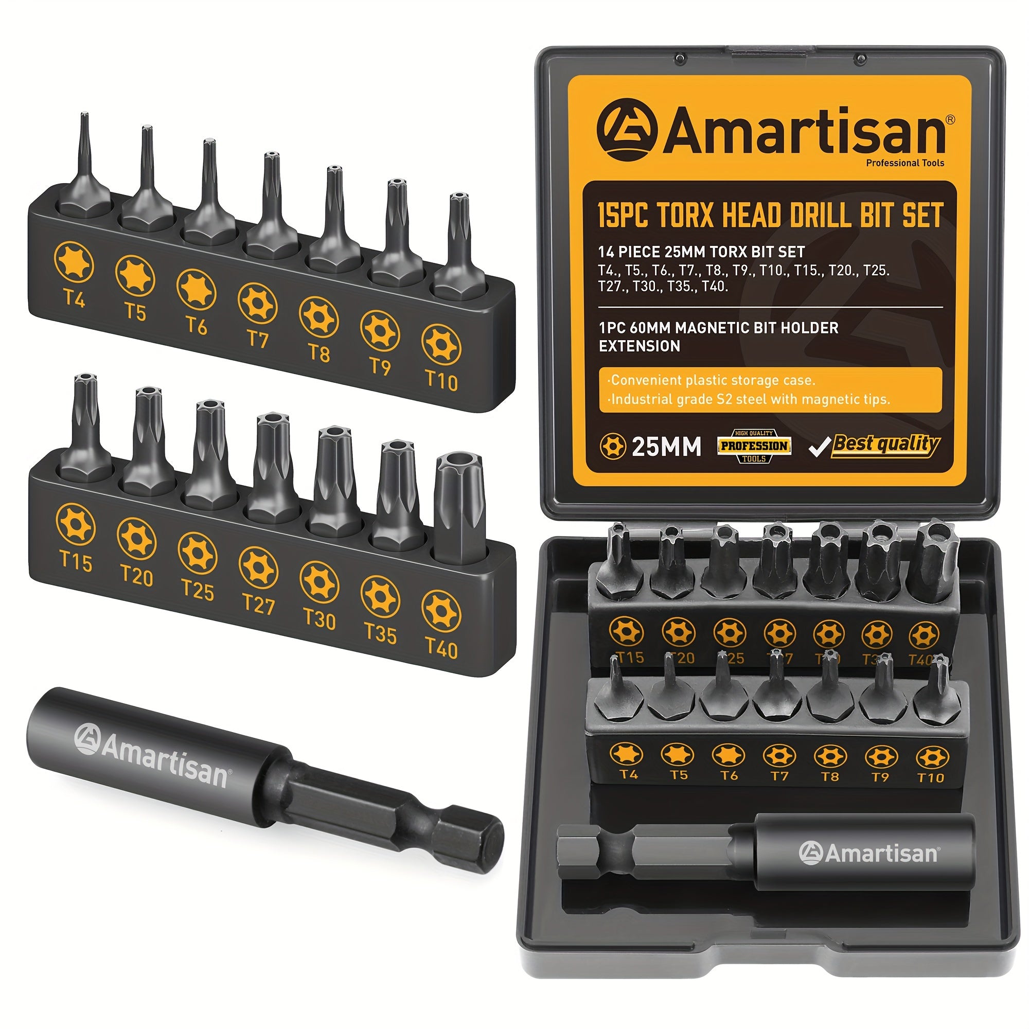 TEMU Amartisan 15pcs Torx Set - S2 Alloy Steel, Tamper-proof T4-t40 Star Drill Bits With Magnetic Extension For Automotive & Electronics Repair