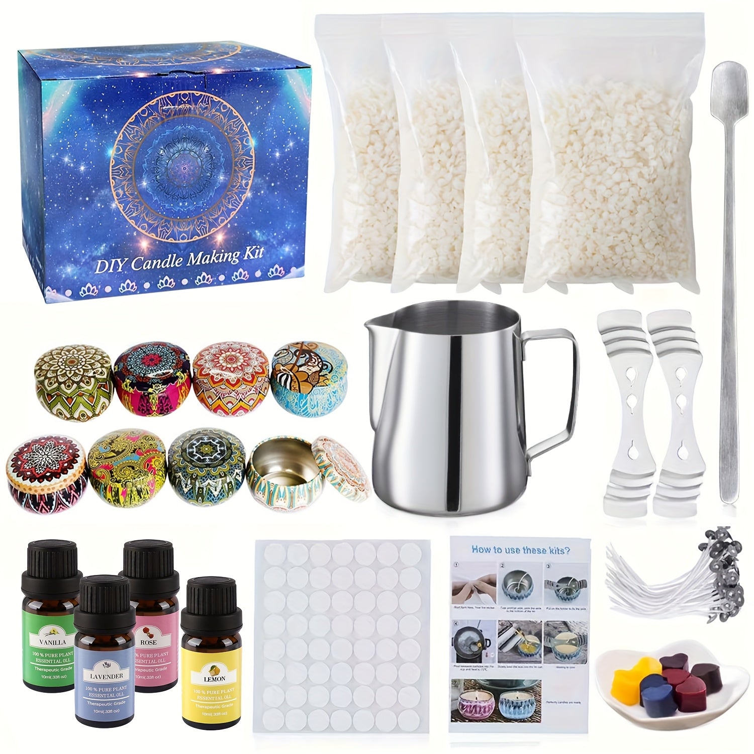 TEMU 1-8 Jars Essential Candles Handmade , Suitable For Adults, Beginners Candle Making Set, Including Soy Wax, Stirring Spoon, Pouring Cup, Storage