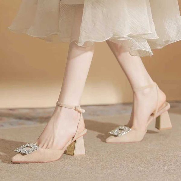 Ankle Strap Crystal Sandals Women Pointed Toe Shoes High Heels Sandalias De Mujer Shiny Ladies Rhinestones Square Heeled PumpsC241127