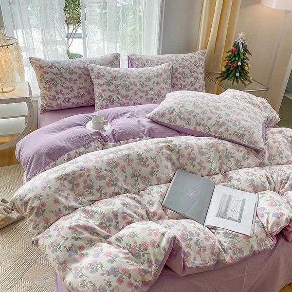 3-piece cartoon heart-shaped plant floral print set a duvet cover and a pair of cases (no padding) suitable for bedroom X2502031