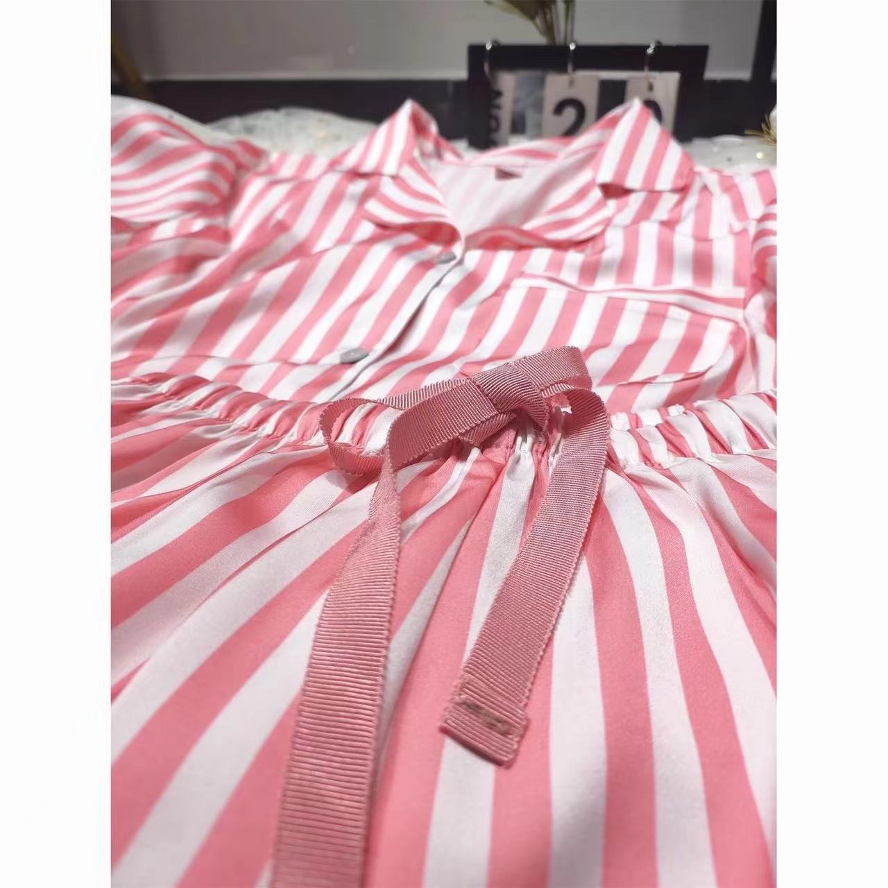 Autumn 2 Pieces ice Silk Striped Cardigan Pyjama Womens Pamas Sleepwear Sets Spring Summer VS Homewear 240415