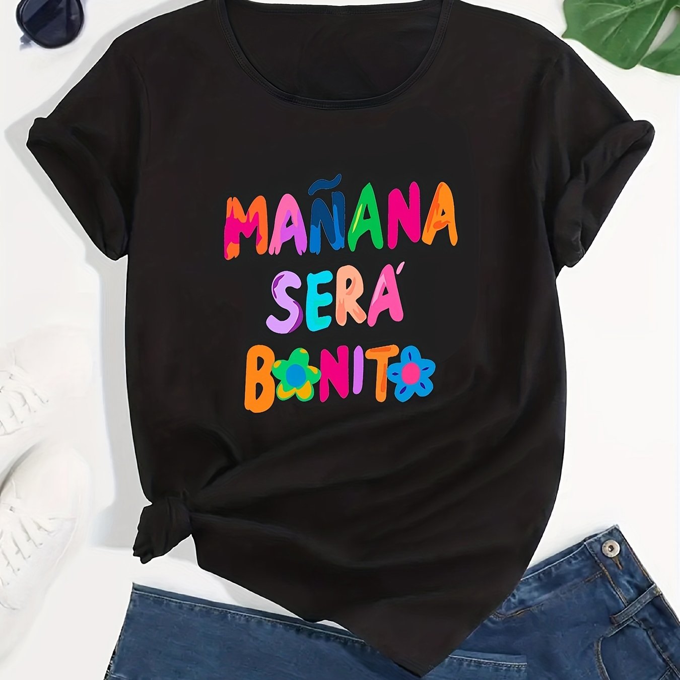 TEMU Women's Letter Graphic Loose T-shirt - Casual Sports Short Sleeve Top For Summer