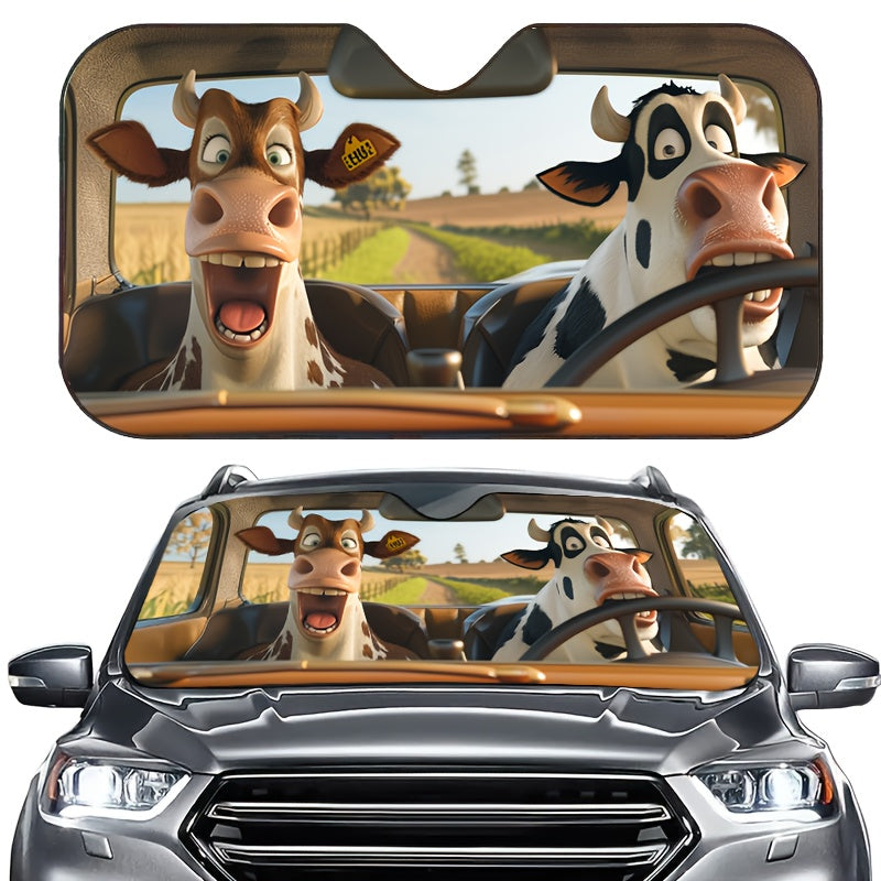 TEMU Funny Cow Car Windshield Sunshade - Front Window Cover, Anti-uv, Heat Insulation, Reflective Aluminum Bubble Film + Uv Printed Fabric, Durable,