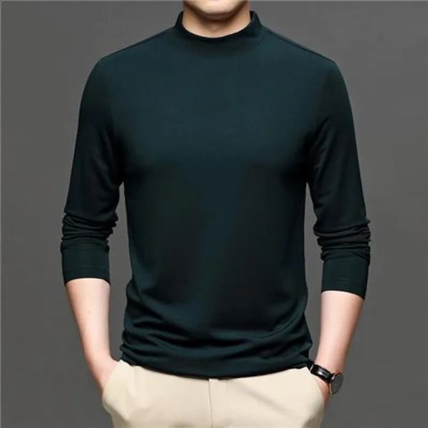 Korean Business Casual Autumn Winter Half High Collar Long Sleeved T-shirt Mens Solid Patchwork Cotton Loose Versatile Top 240820