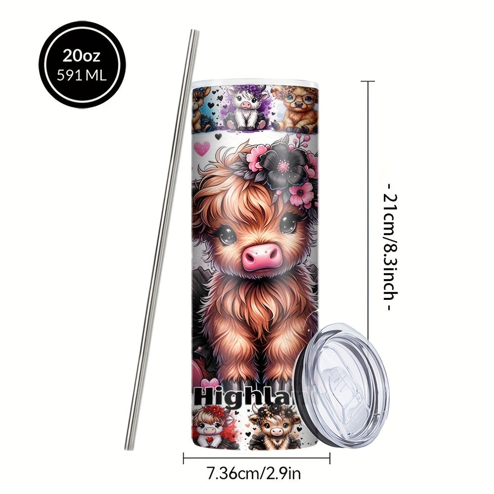 TEMU 1 Pcs 20oz Stainless Steel Insulation Water Bottles, Cartoon 3d Yak Tumblers With Lid And Straws, Suitable Hot Coffee, Cold Drink, Gift, Party,
