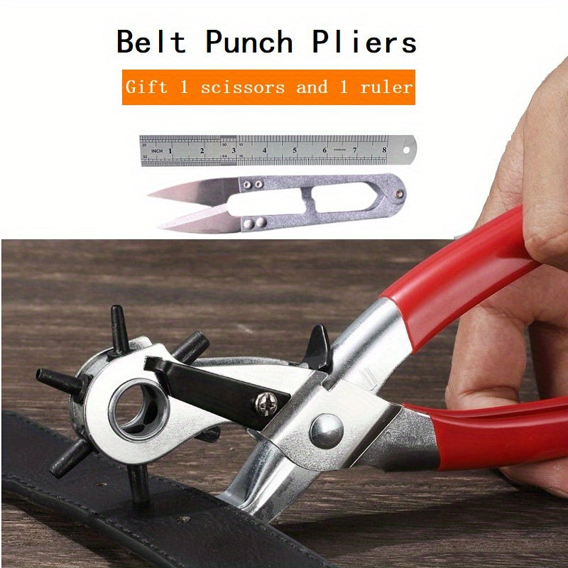 TEMU 1pc Belt Punch Pliers, 1 Ruler And 1scissors, Precision Leather Hole Puncher Tool, Leather Belt Hole Eyelet Puncher, Watchband Strap Hand Tools,