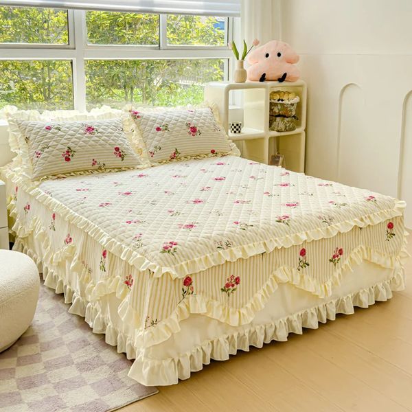 100% Cotton Thicken Quilted Bedspread King Queen Size Princess Lace Bed Skirt Pure Cotton Bed Cover Not Including Pillowcase 240530