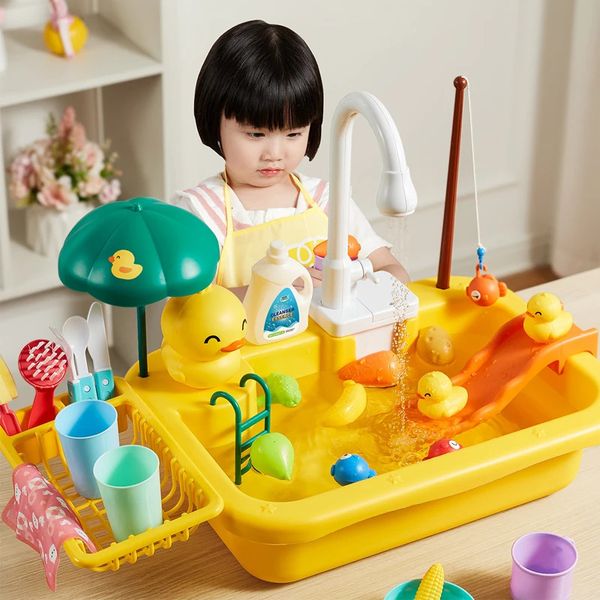Kids Kitchen Sink Toys Electric Dishwasher Playing Toy With Running Water Pretend Play Food Fishing Role Girls Gift 240416