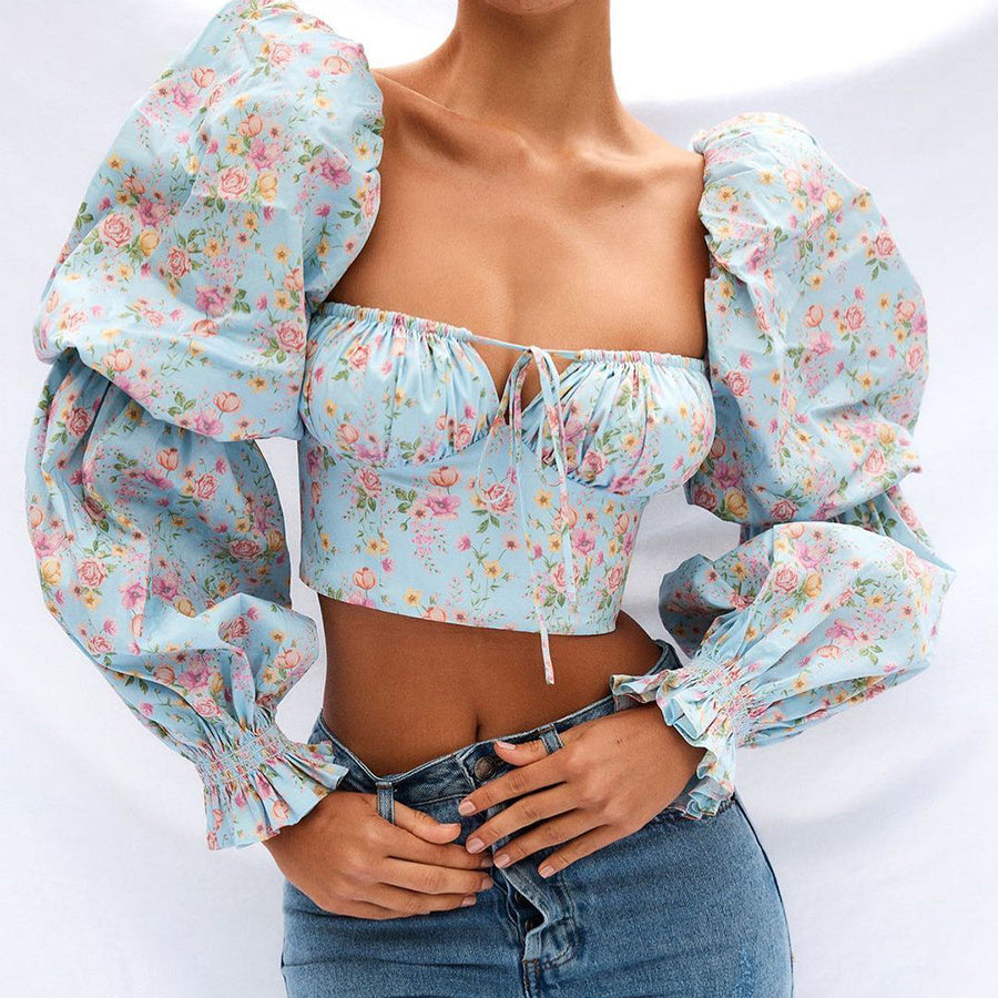 Spring Summer Fashion Elegant French Romantic Floral Puff Sleeve Square Collar Women Blouses New White Chiffon Shirt