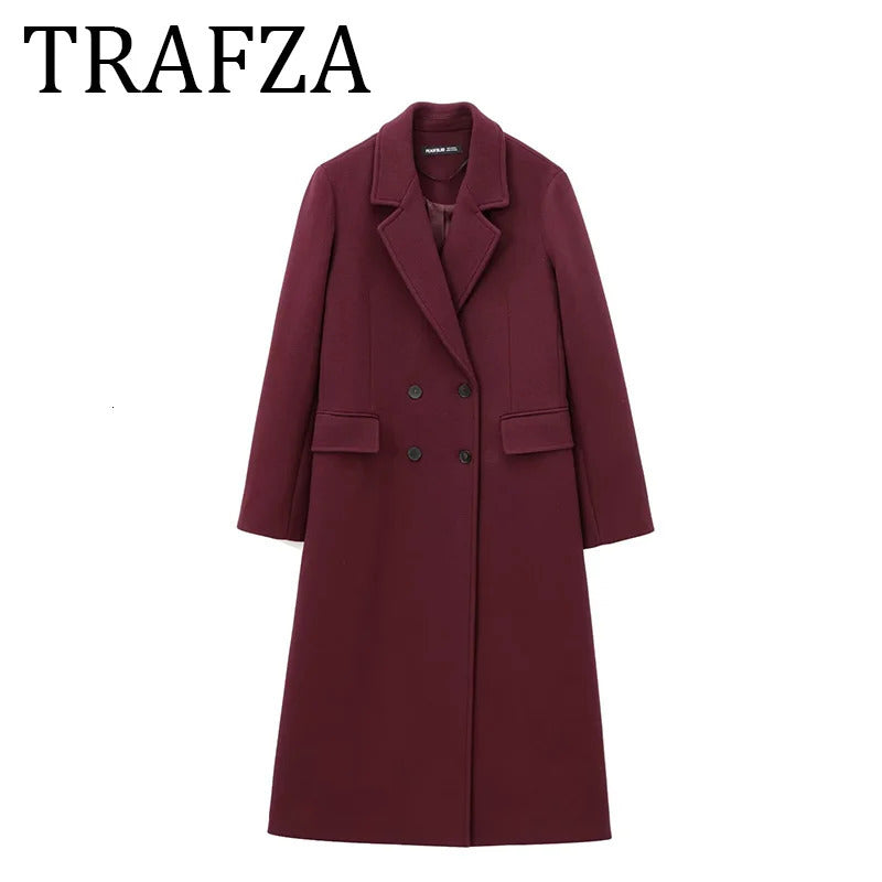 TRAFZA Woman Burgundy Winter Coat Womens Jacket 2024 Autumn Long Sleeve Woolen Chic Fashion Outerwears 241121