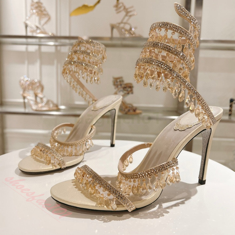 Designer stiletto Sandals Elegant Heels Top Quality Serpentine Wraparound Evening Shoes Height 9.5cm Crystal studded Rhinestone butterfly Flower lea