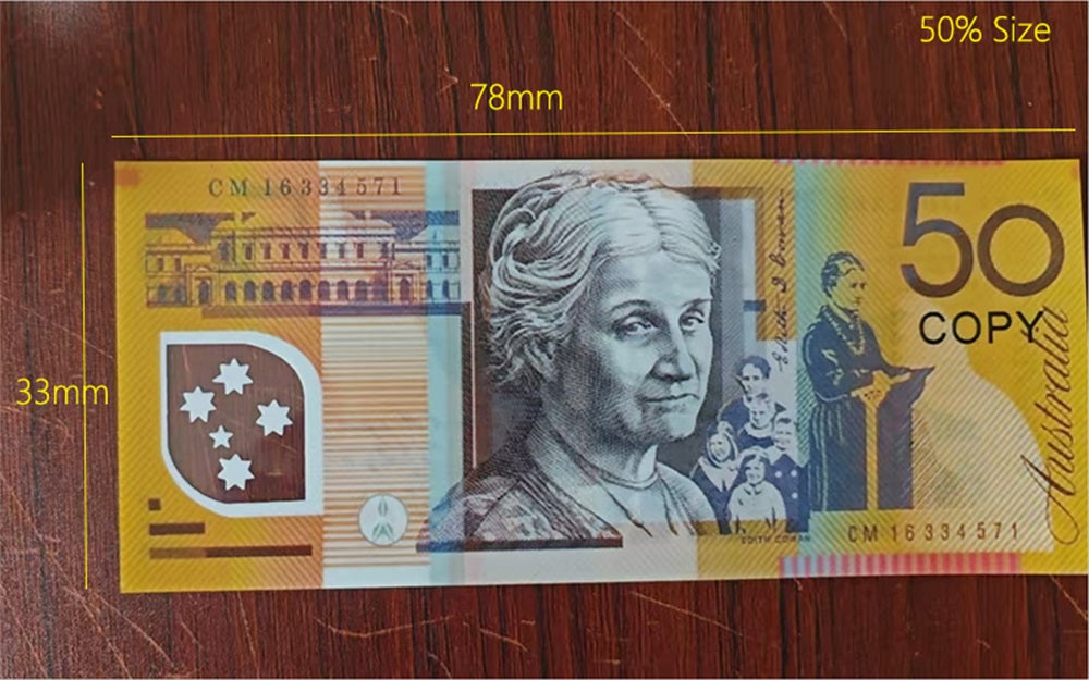 Australian Plastic prop money Games Money Prop Copy Australian Dollar AUD BANKNOTES FAKE Plastic Australian Money MOVIE PROPS Wholesale 78*33mm 50%