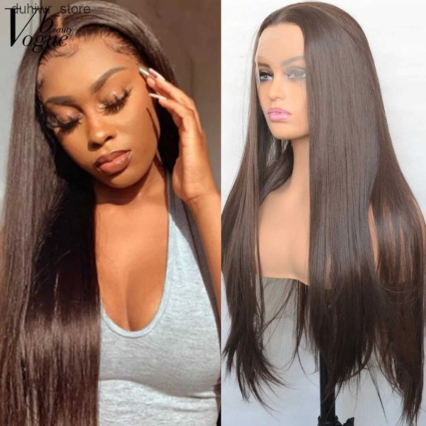Perucas sintéticas VogueBeauty marrom escuro renda sintética frontal peruca sedosa fibra de fibra resistente ao calor