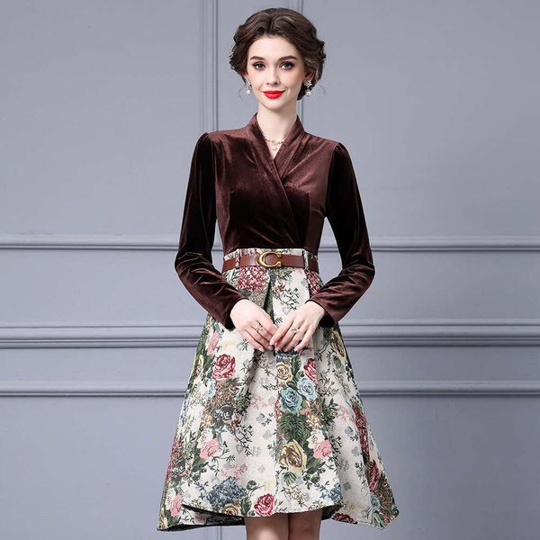French Light Luxury Grand Swing Skirt Childrens Autumn Belt Waist Collection Jacquard Velvet Dress 2024 New Style Lace Dress High Waist Dres