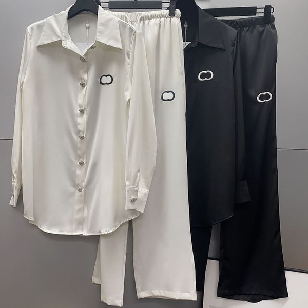 Luxury Satin Homewear Letter Embroidery Blouses High Waist Pants Spring Summer Silk Pajamas Set