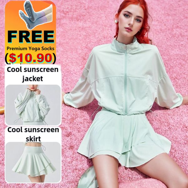 Ufo025 Women&#039;s Long Sports Jacket 2-Piece Set UV Protection Breathable Yoga Skirt Fiess Athletic Wear Outdoor