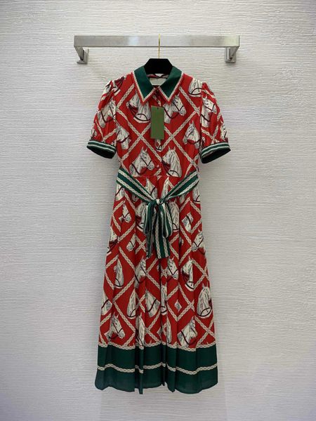 23ss Summer Dresses Women Dress Womens Designer Clothing Horse Head Printed Half Buckle Front Lapel Bubble Sleeves Wrapped Waist for Slim Cl