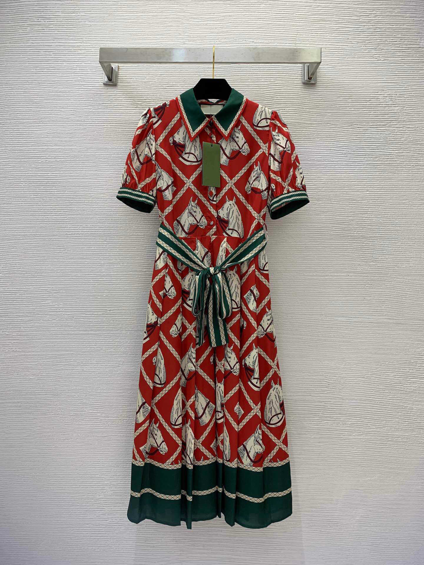 23ss summer dresses women dress womens designer clothing Horse Head Printed Half Buckle Front Lapel Bubble Sleeves Wrapped Waist for Slim Dress wome