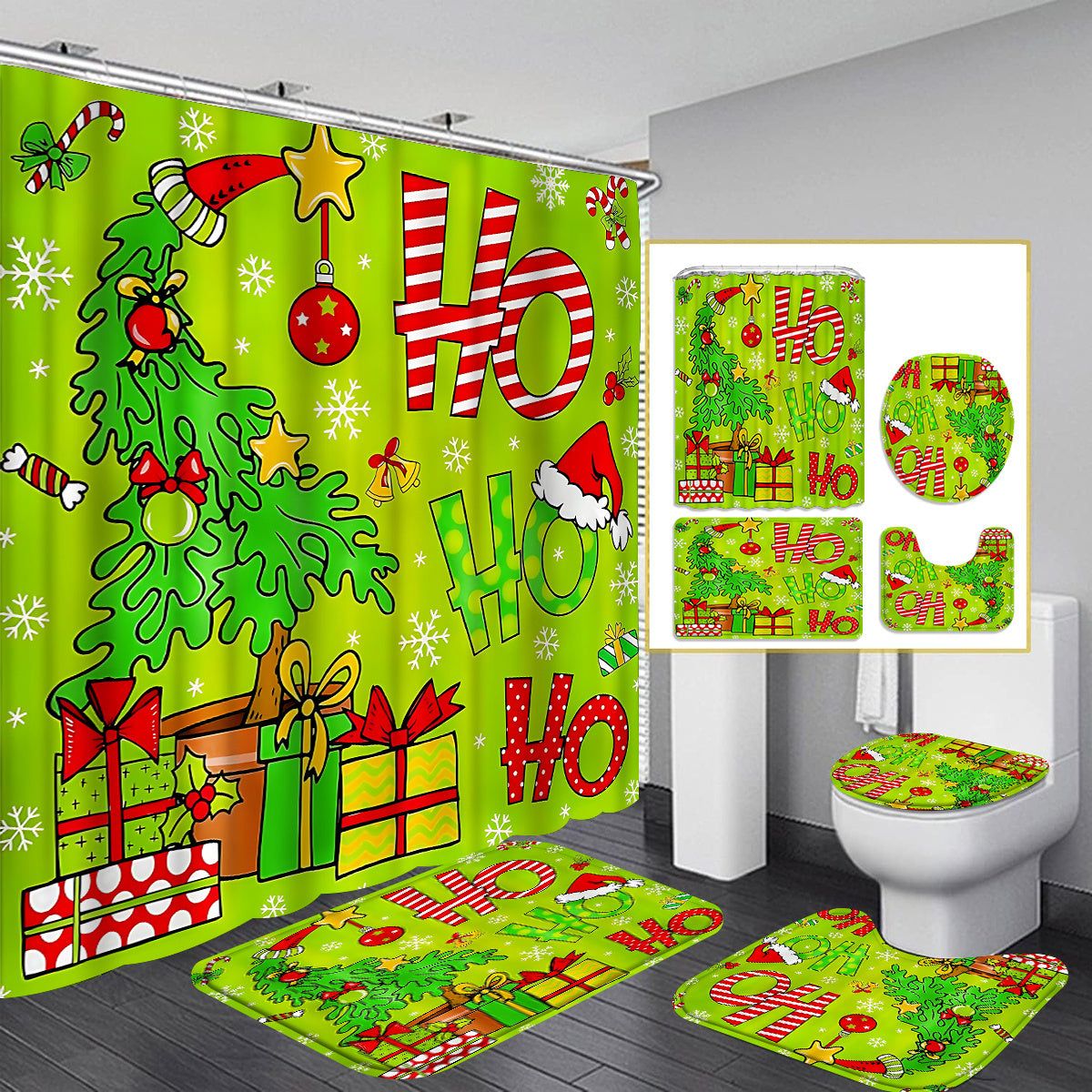 TEMU 4pcs Green Christmas Tree Shower Curtain Set, Partition Curtains, Housewarming Gift Set Including 12 Shower Hooks And Three-piece Floor Mat Set,