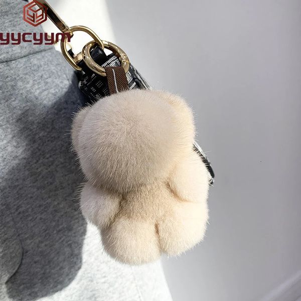 Women Bag Charm Trinkets Car Metal Key Rings Rear View Mirror Ornaments Cute Real Mink Fur Keychain Plush Panda Pendant Kids Toy 240530