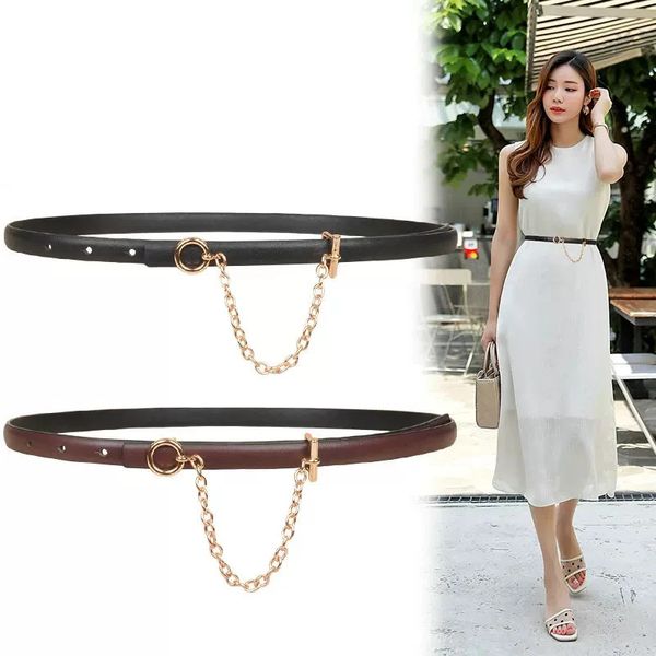 Fashion Women slim Belt with Round Buckle Metal Chain Genuine Leather Waist Belt Chain Black Decorative for Jeans Skirt Adjust 241225