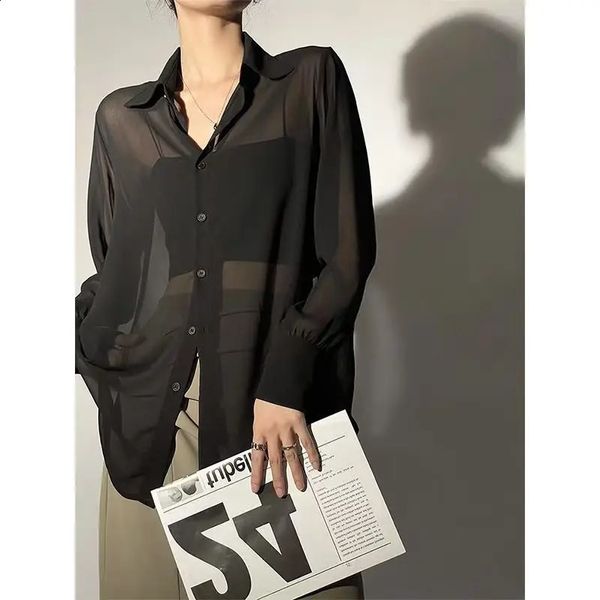 Korean Fashion Cardigan Women Sun-proof Shirts Summer Long Sleeve Solid Color Loose Chiffon Blouse Elegant Ladies Blouses Trendy 240823
