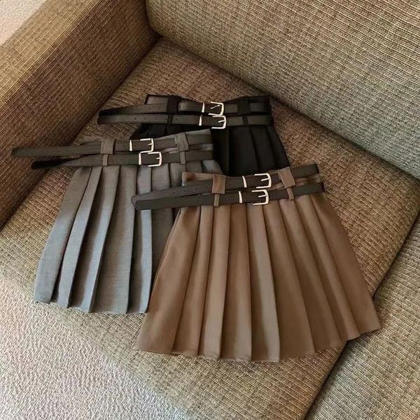 Xpqbb All-Match College Style Jk Pleated Skirts Woman Fashion Double Belt High Waisted Skirt Female Vintage Brown Mini Skirts 250117