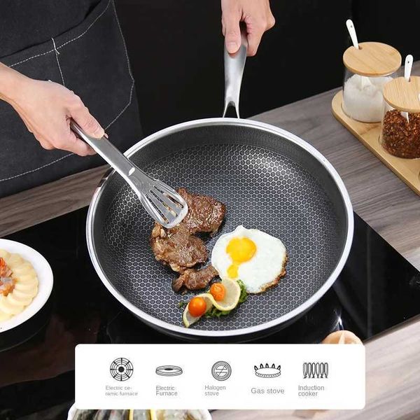304 High-quality Non Stick Pan Flat Botted Pan Kitchen Tools No Oil Smoke Steak Pancakes Stir Fried Vegetables Honeycb Pot Y250122