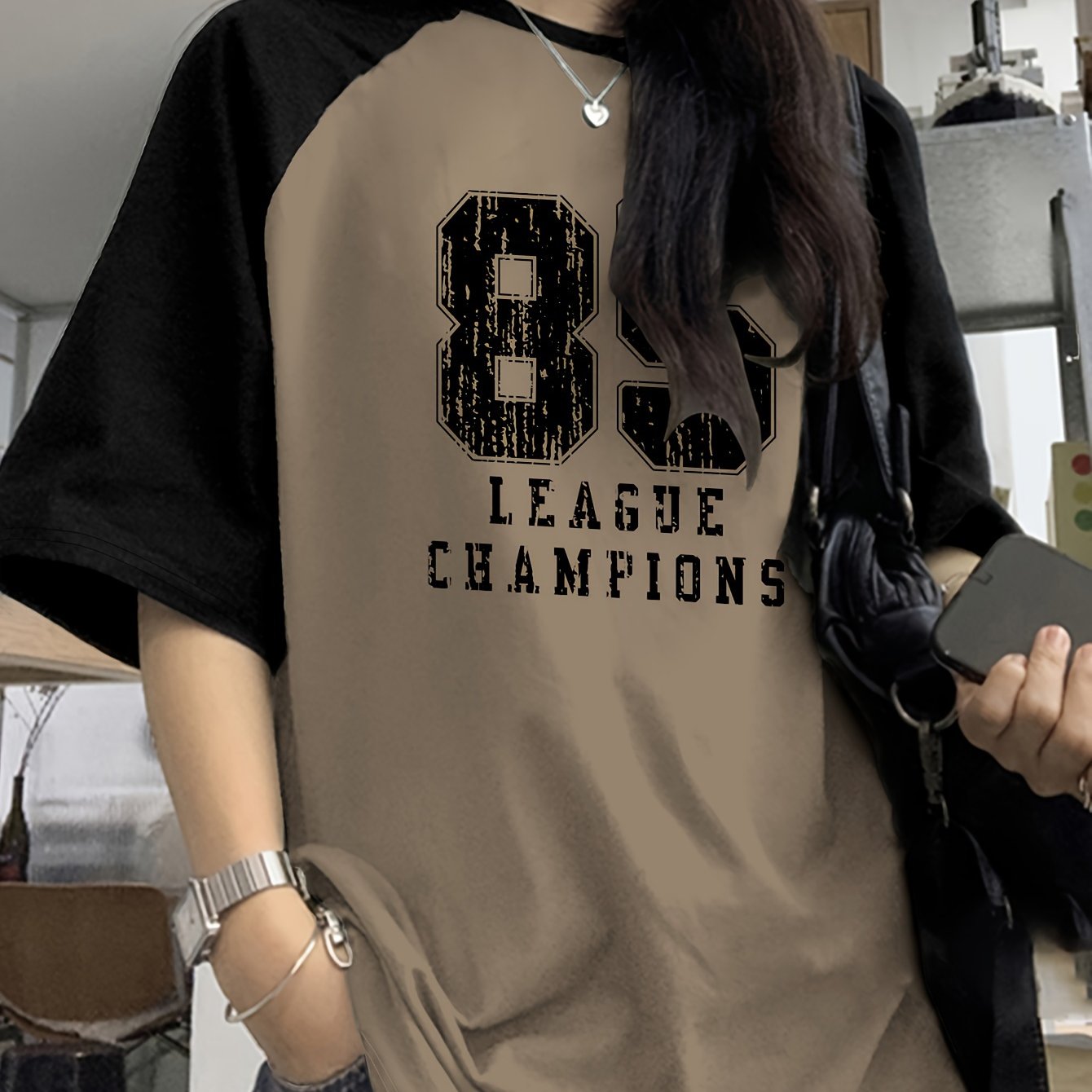 TEMU Women's Casual Y2k-inspired "8.5 League Champions" Graphic Tee - Black & Olive, Short Sleeve, Crew Neck, Casual Attire|vintage Print Top|short